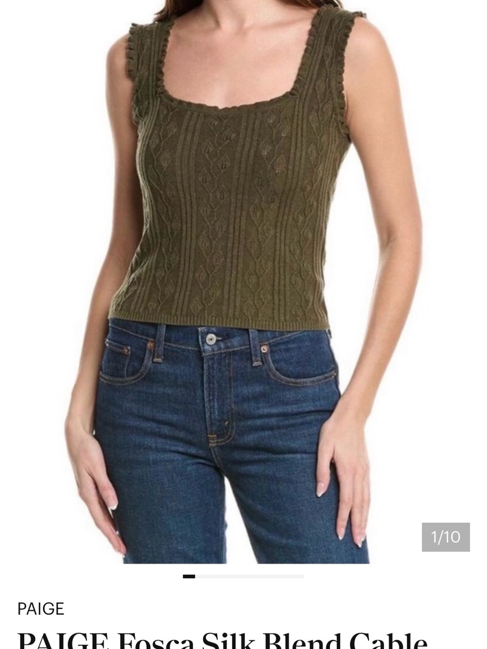 PAIGE Olive Cable Knit Silk-Blend Tank with Ruffle Straps